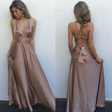 Blush Simple V-Neck Floor Length Criss-Cross Straps Prom Dress with Pleats at promnova.com