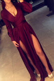 Burgundy Sleeved Deep V Neckline Floor Length Prom Dress With Slits PL233