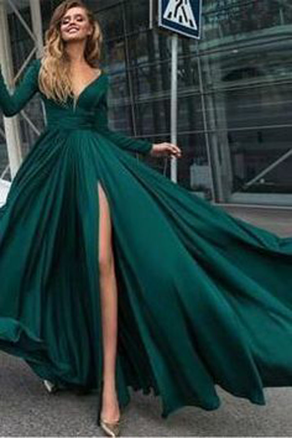 Green Deep V Neck Long Sleeve Long Prom Dress With Thigh-High Slit PL234