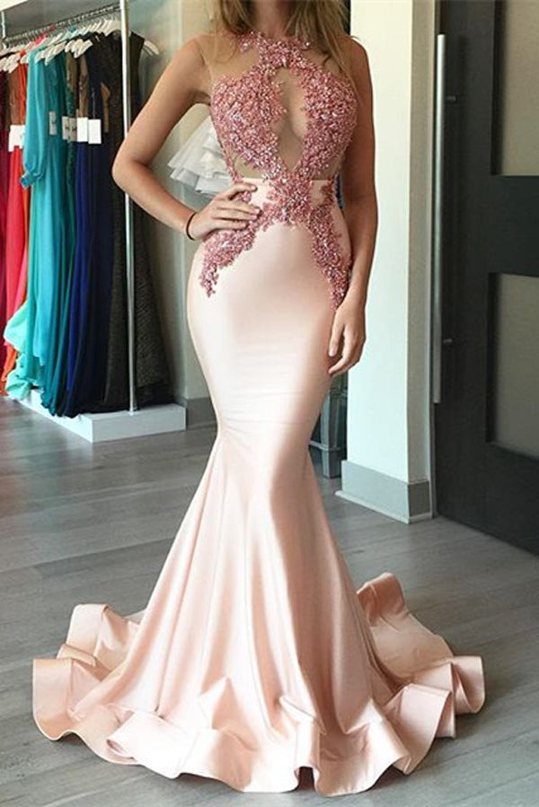 Nude Satin Mermaid Illusion Appliqued Bodice Sexy Long Prom Dresses – Promnova