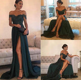 Dark Green A-line chiffon Lace Off Shoulder Floor-length Prom Dress at promnova.com