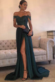 Dark Green A-line chiffon Lace Off Shoulder Floor-length Long Prom Dress PL236