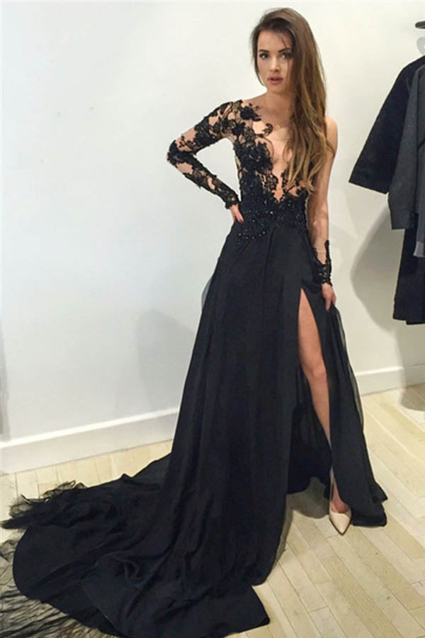 Black Illusion Lace Chiffon Long Sleeve Prom Dress With Sweep Train – Promnova