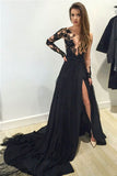Black Illusion Lace Top Chiffon Long Sleeve Prom Dress With Sweep Train PL237