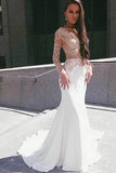 White Long Sleeve Illusion Mermaid Floor Length Appliqued Prom Dress PL238