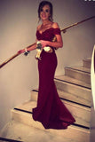 Burgundy Floor Length Off Shoulder Mermaid Prom Dress With Sweep Train PL239