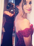 Burgundy Floor Length Off Shoulder Mermaid Prom Dress With Sweep Train at promnova.com