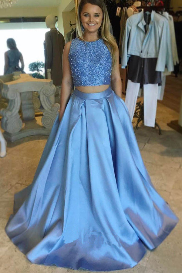 Two-Piece Sleeveless Beaded Sky Blue Satin Long Prom Dresses Promnova Two-Piece Sleeveless Beaded Sky Blue Satin Long Prom Dresses Promnova