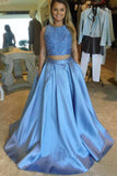 Two-Piece Sleeveless Beaded Sky Blue Satin Long Prom Dress PL240