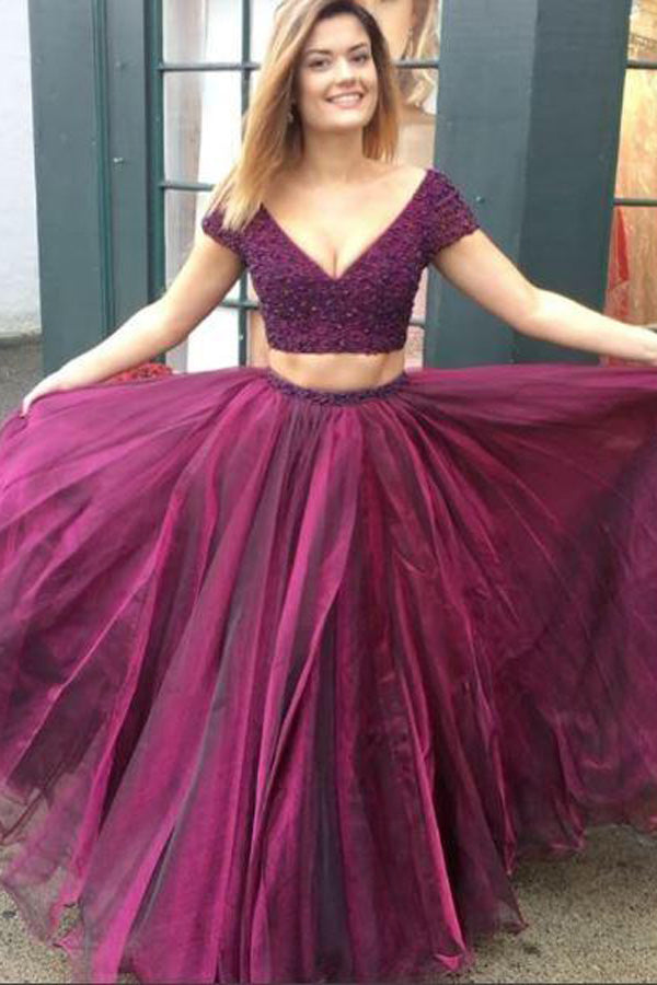 Beaded Two-Piece Tulle Short Sleeve Deep V Neckline Long Prom Dress –  Promnova