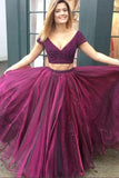 Beaded Two-Piece Tulle Short Sleeve Deep V Neckline Long Prom Dress PL241