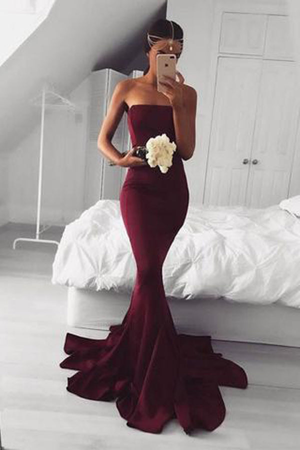 Burgundy Mermaid Sweep Train Long Prom Dress, Off Shoulder Satin Burgu –  shopluu