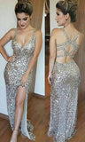 Sequin V-Neck Sleeveless Mermaid Long Prom Dresses with Side Slit at promnova.com