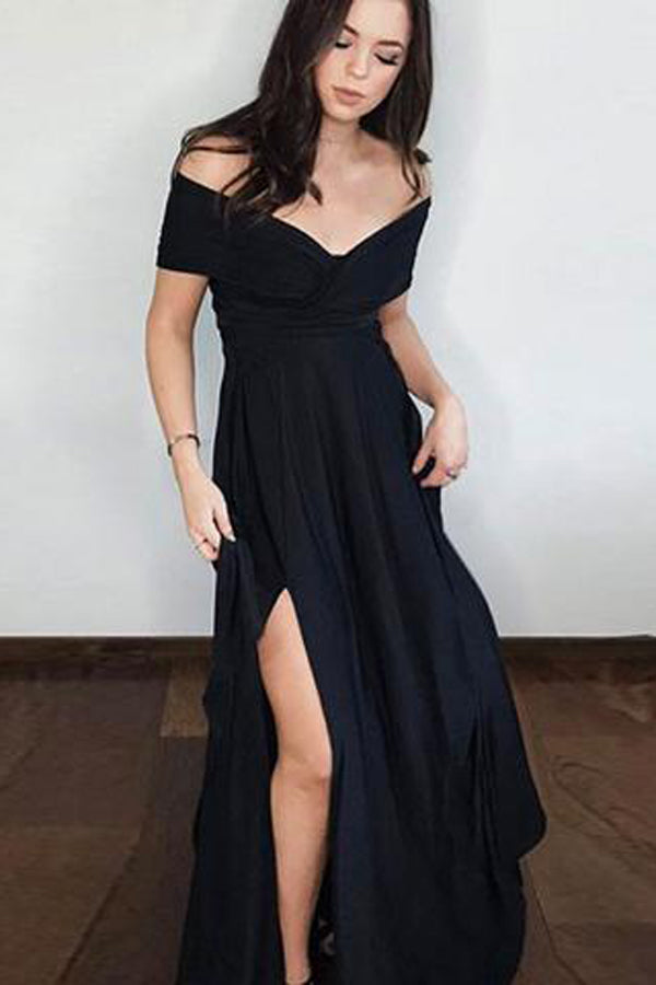 Pretty Black Chiffon Long Prom Dress with Side Slit, Black Evening Dress PL243