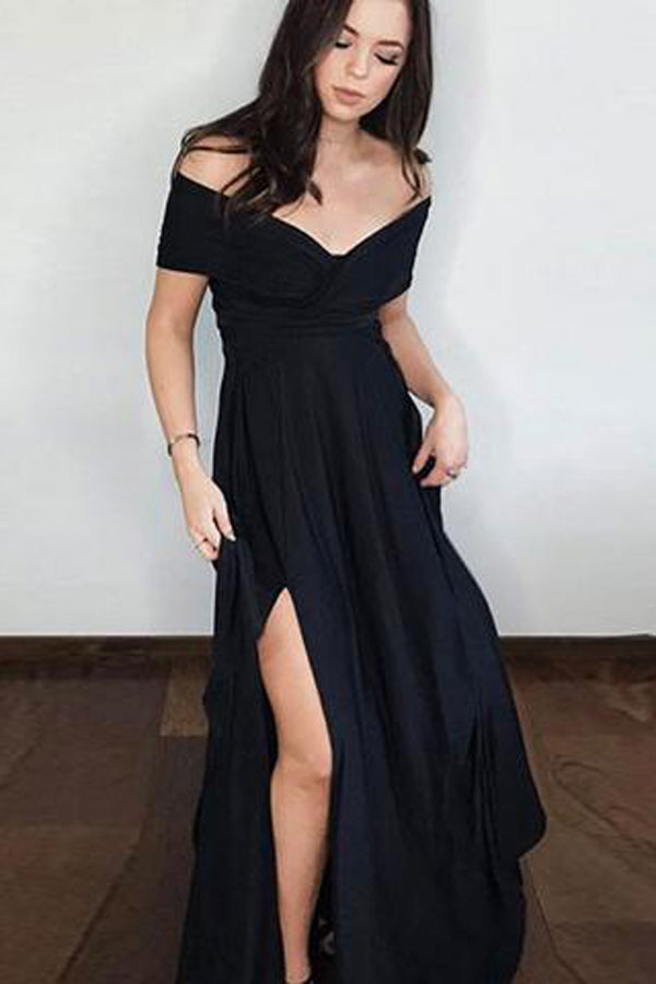 Prom Dress Black|Chiffon Long Prom Dress with Side Slit, Evening Dress – Promnova