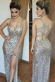Sequin V-Neck Sleeveless Mermaid Long Prom Dresses with Side Slit PL2437