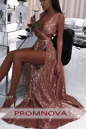 Rose Gold Sequin Sparkly Simple and Black Split Prom Dresses PL244