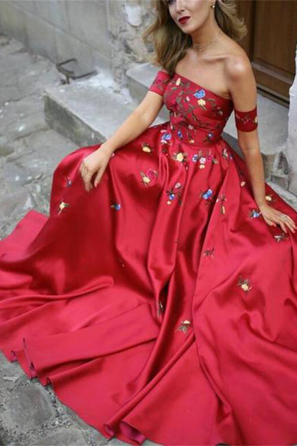 Red Off Shoulder A-line Prom Dresses with Flower Appliques PL245