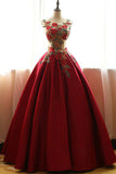 Red Satin Aline Quinceanera Dress,Applique Ball Gown Prom Dress PL247