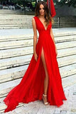 Red V Neck Chiffon Split Long Prom Dresses, Evening Dresses PL248