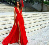 Red V Neck Chiffon Split Long Prom Dresses, Evening Dresses at promnova.com