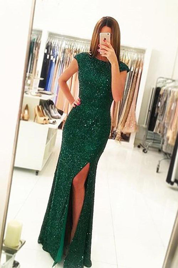 Green Sequins Cap Sleeves Open Back Mermaid Prom Dress with Side Slit Custom Size / Custom Color Green Sequins Cap Sleeves Open Back Mermaid Prom Dress with Side Slit Custom Size / Custom Color