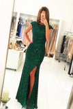 Green Sequins Cap Sleeves Open Back Mermaid Prom Dress with Side Slit PL249