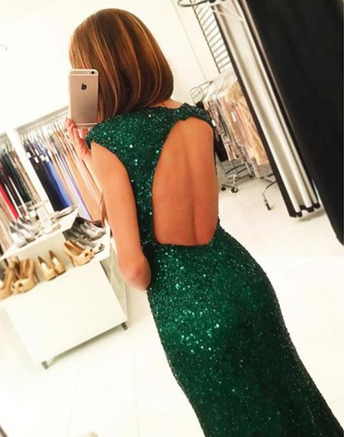 Green Sequins Cap Sleeves Open Back Mermaid Prom Dress with Side Slit at promnova.com