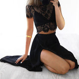  Black Lace Two Pieces Short Sleeve Side Slit Long Prom Dresses at promnova.com
