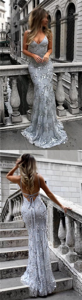 Silver Sequin Sleeved Feather Train Sheer Prom Gown - Promfy