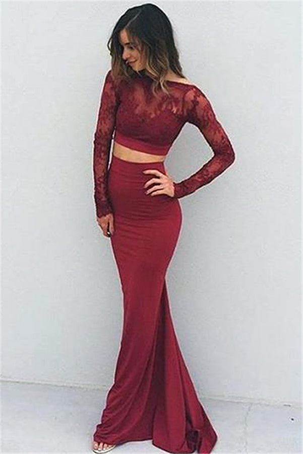 Two Pieces Backless Mermaid Burgundy Long Sleeves Lace Prom Dresses US6 / Custom Color Two Pieces Backless Mermaid Burgundy Long Sleeves Lace Prom Dresses US6 / Custom Color