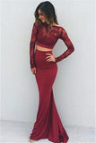 Two Pieces Backless Mermaid Burgundy Long Sleeves Lace Prom Dresses