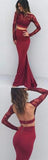 Two Pieces Backless Mermaid Burgundy Long Sleeves Lace Prom Dresses at promnova.com