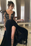 Black Split Cheap See Through V Neck Long Sleeves Prom Dresses PL255