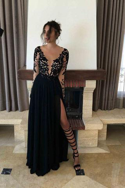 Black Split Cheap See Through V Neck Long Sleeves Prom Dresses at promnova.com