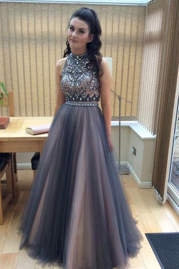 Two Piece Halter High Neck Beaded A-line Top Tulle Long Prom Dresses at promnova.com