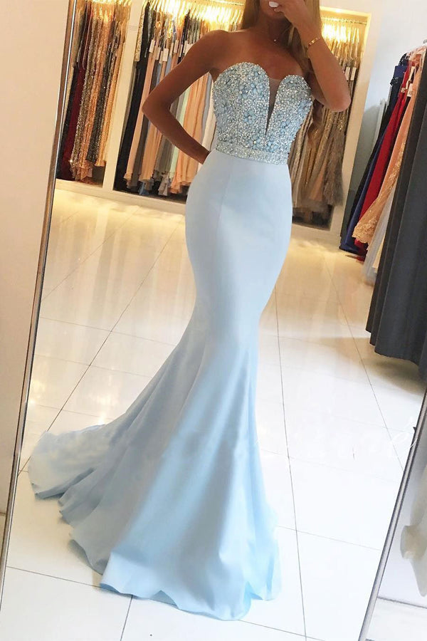 Mermaid Blue Sweetheart Neck Strapless Beaded Bodice Prom Dresses Custom Size / Custom Color Mermaid Blue Sweetheart Neck Strapless Beaded Bodice Prom Dresses Custom Size / Custom Color
