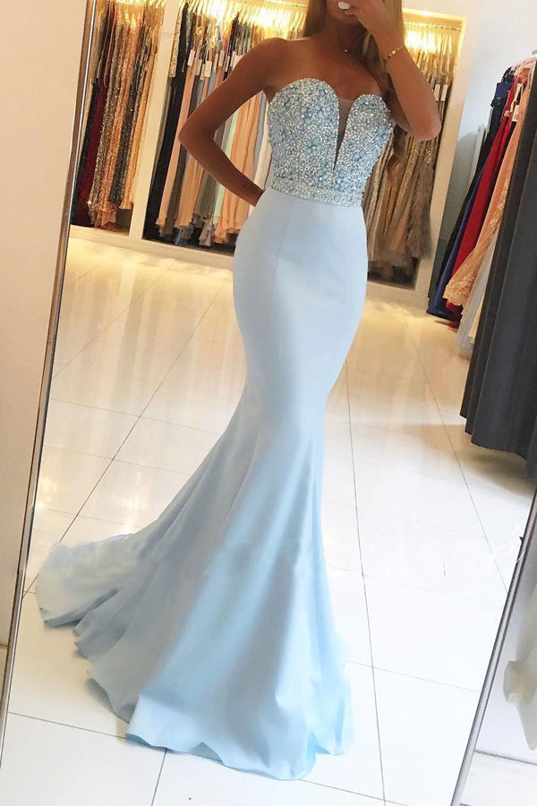 Mermaid Blue Sweetheart Neck Strapless Beaded Bodice Prom Dresses PL257