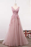 Blush Pink Lace A line See Through Long Prom Dresses Party Dresses PL258