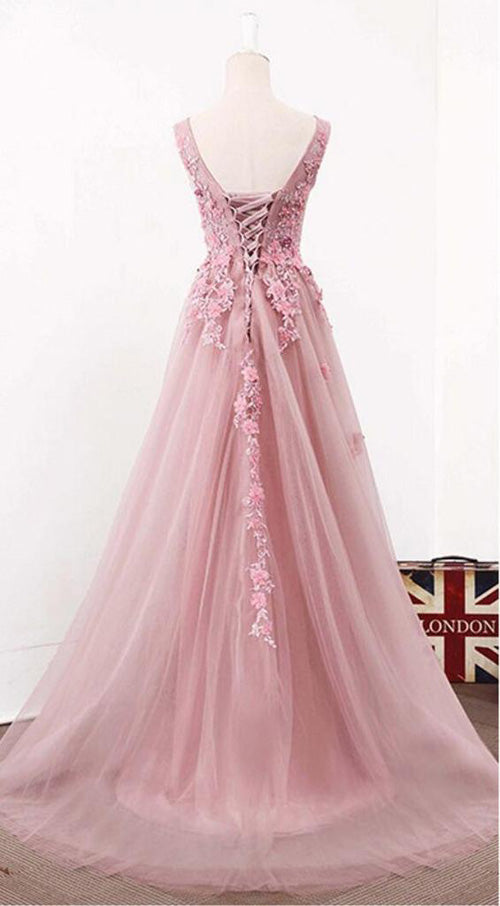 Blush Pink Lace A line See Through Long Prom Dresses Party Dresses at promnova.com