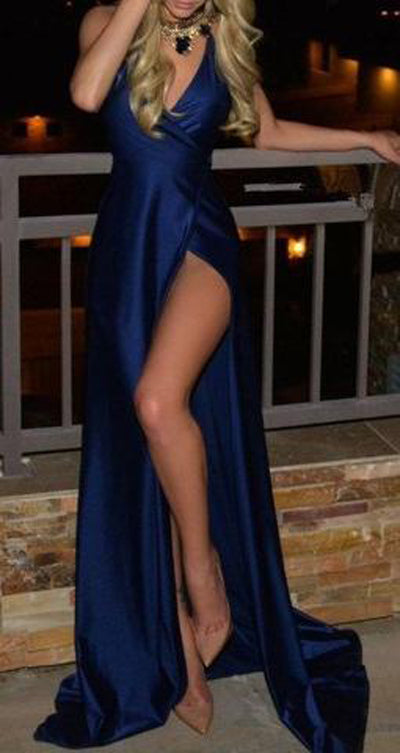 Royal Blue Slit Satin Floor-Length Deep V-Neck Sleeveless Prom Dress US8 / As Picture Royal Blue Slit Satin Floor-Length Deep V-Neck Sleeveless Prom Dress US8 / As Picture