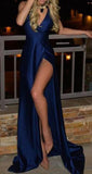 Royal Blue Slit Satin Deep Floor-Length V-Neck Sleeveless Prom Dresses at promnova.com