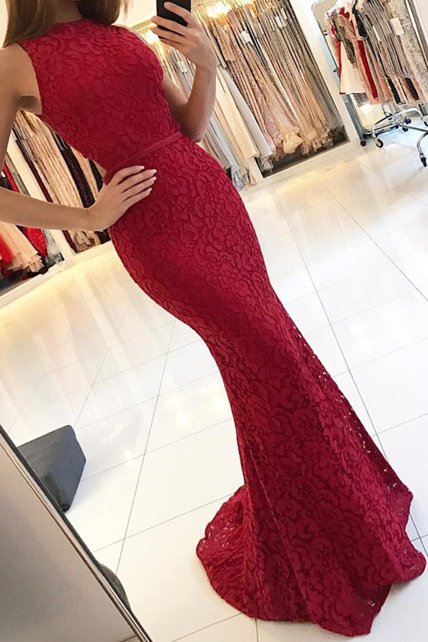 Lace Mermaid Evening Gowns,Long Formal dress,Burgundy Prom Dress PL263