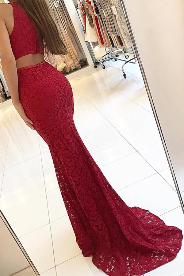 Lace Mermaid Evening Gowns,Long Formal dress,Burgundy Prom Dress at promnova.com