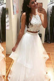 White Beaded A-line Tulle Two Pieces Ball Long Prom Dress PL265
