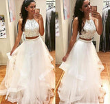 White Beaded A-line Tulle Two Pieces Ball Long Prom Dress at promnova.com