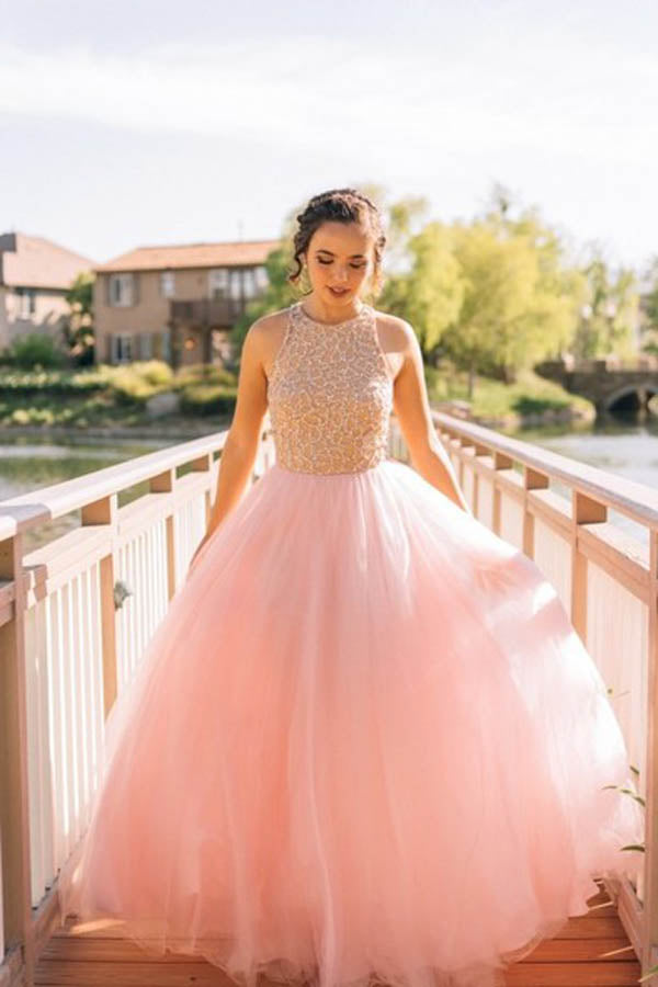 strapless open back dress Tulle Halter Pink Long Beading Mermaid Prom Dress – Sassymyprom main image 1