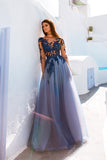 Open Back See Through Blue Lace Long Sleeve Long Prom Dress PL267