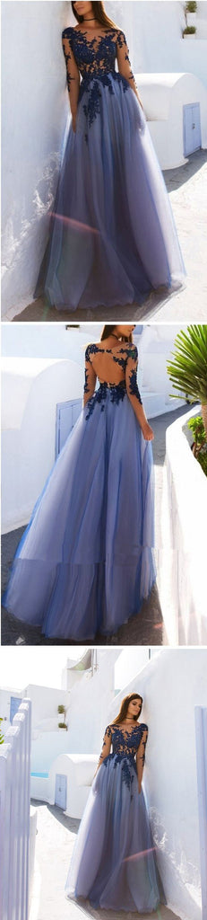 Open Back See Through Blue Lace Long Sleeve Long Prom Dress at promnova.com
