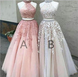 Two-pieces Floor-length Sleeveless High-neck Elegant Long Prom Dresses at promnova.com